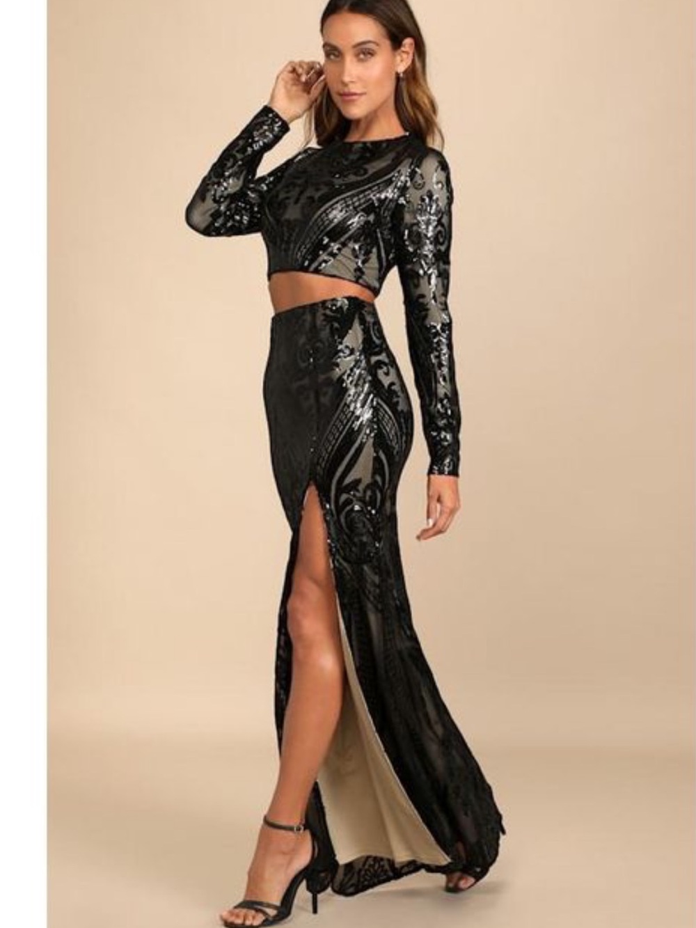 Lulus Black Luxe Aesthetic Sequin Long Sleeve Top/Skirt 2Piece Maxi Dress NWT S